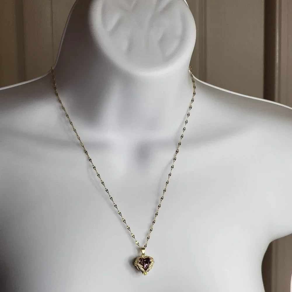 Heart Shape Pendant Necklace Simulated Amethyst & Crystals 15-17 Inches  NEW - Picture 12 of 12